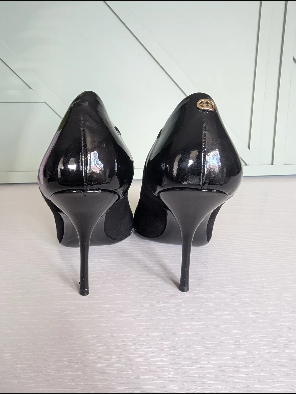 Gucci Black Patent & Suede Peep-Toe Stiletto Pumps